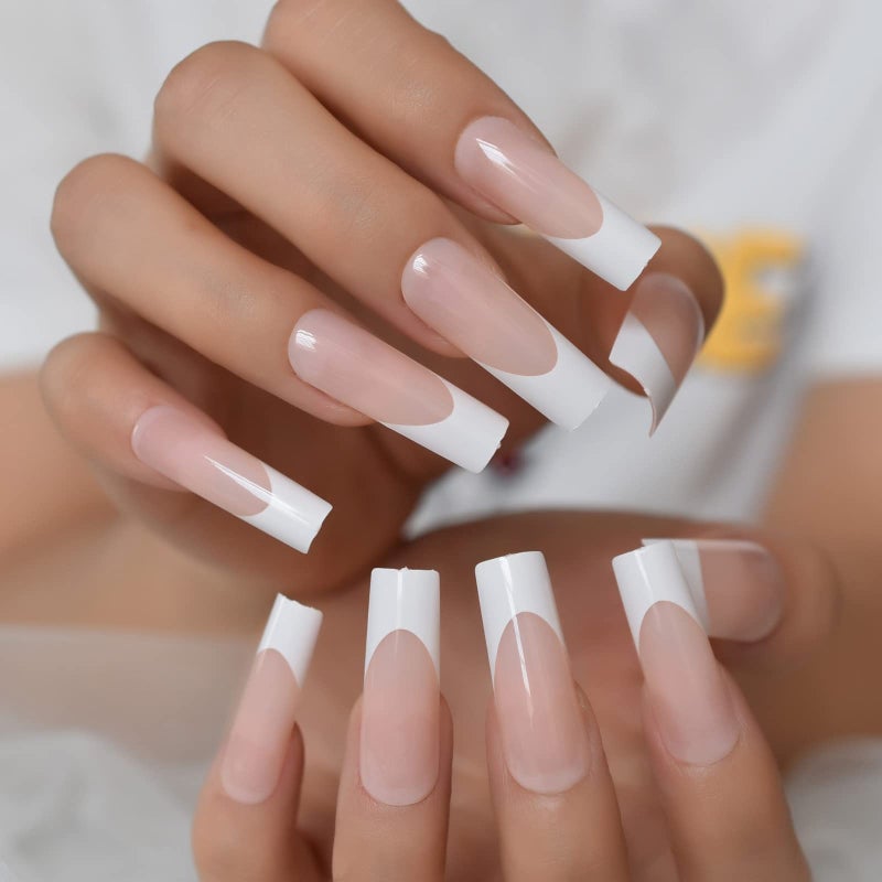 24pcs Long Square Fake Nails Nude White French Tip Press On Nails Full Cover Glossy Gel False Nail Art Manicure for Women
